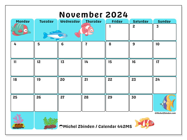 Calendar November 2024 “442”. Free printable calendar.. Monday to Sunday