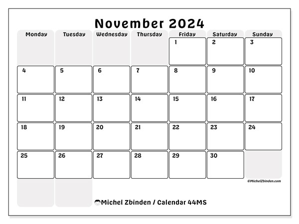 Calendar November 2024, 44SS. Free printable plan.