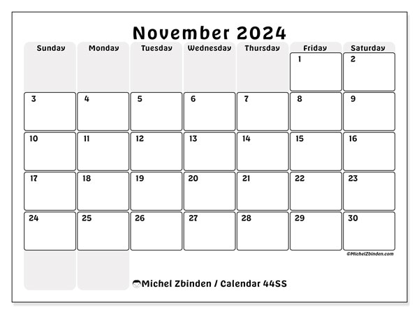 Calendar November 2024, 44SS. Free printable plan.