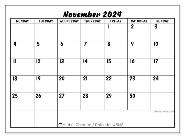 Calendar November 2024, 45SS. Free printable plan.