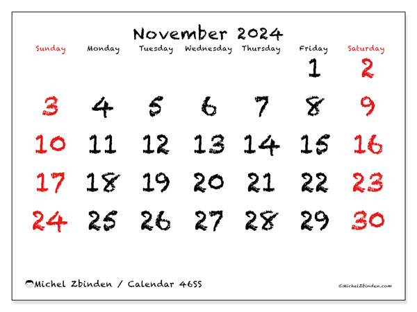 Printable calendar, November 2024, 46SS