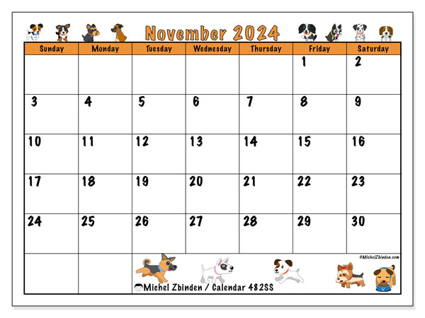 Calendar November 2024, 482SS. Free printable plan.