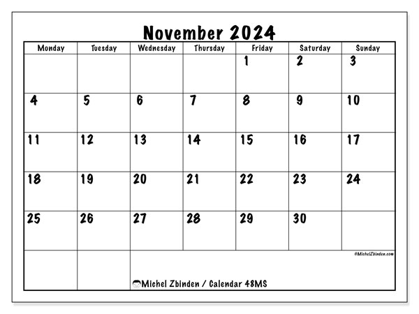 Calendar November 2024, 48SS. Free printable plan.