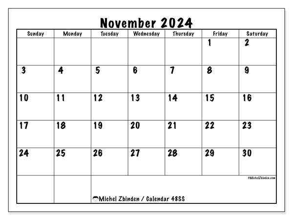 Calendar November 2024 “48”. Free printable plan.. Sunday to Saturday