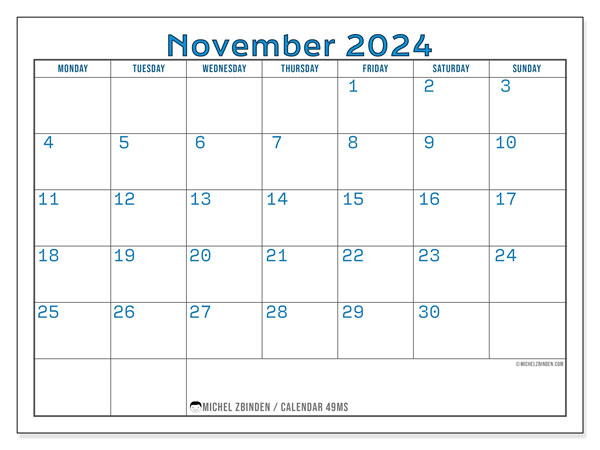 Calendar November 2024, 49MS. Free printable plan.
