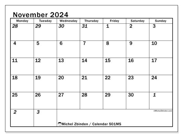 Calendar November 2024, 501SS. Free printable plan.