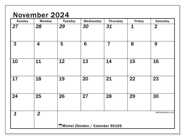 Calendar November 2024, 501SS. Free printable plan.
