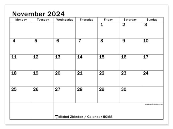 Calendar November 2024 “50”. Free printable calendar.. Monday to Sunday