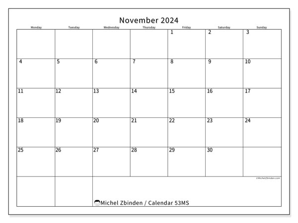Calendar November 2024, 53SS. Free printable plan.