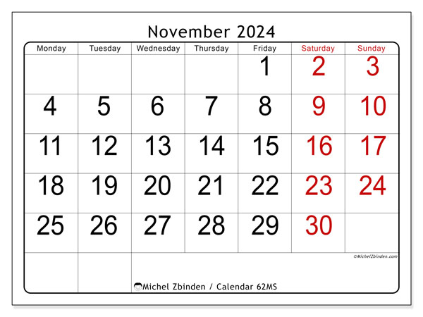 Calendar November 2024, 62MS. Free printable plan.