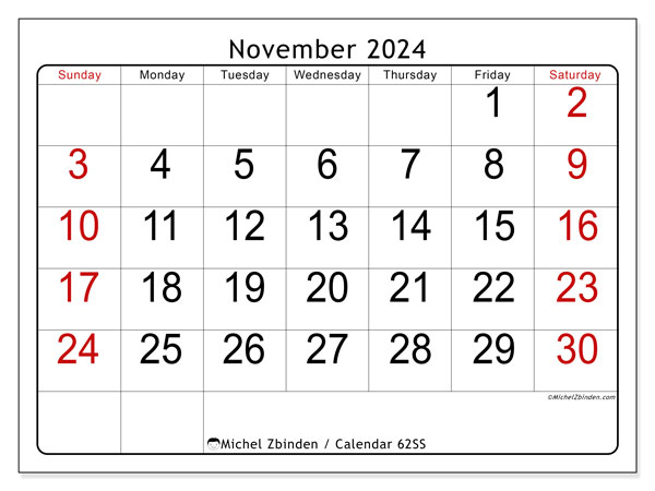 62SS, calendar November 2024, to print, free of charge.
