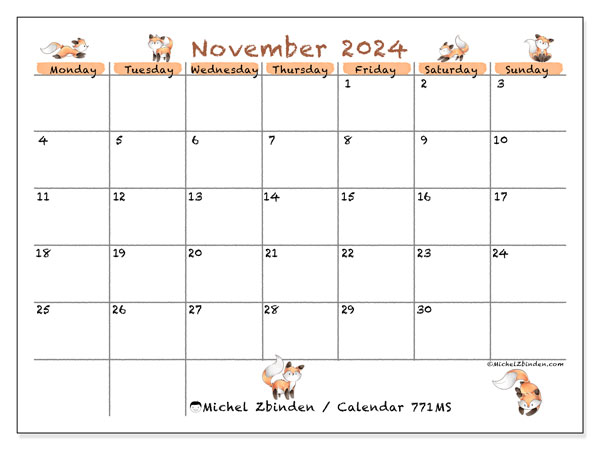 Calendar November 2024, 771MS. Free printable plan.