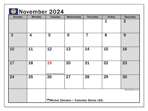 Belize (MS), calendar November 2024, to print, free of charge.