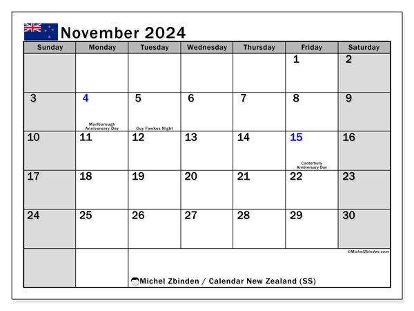 New Zealand (MS), calendar November 2024, to print, free of charge.
