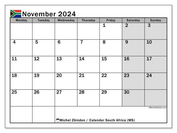 South Africa (MS), calendar November 2024, to print, free of charge.