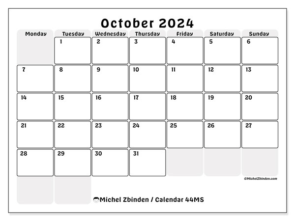Calendar October 2024, 44SS. Free printable program.