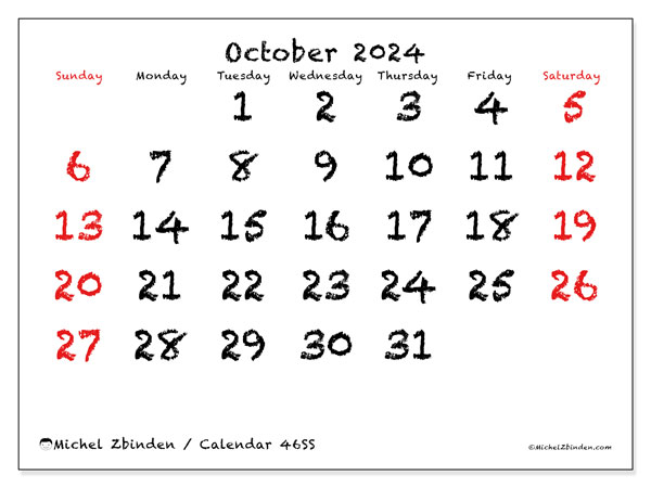 Calendar October 2024, 46SS. Free printable schedule.
