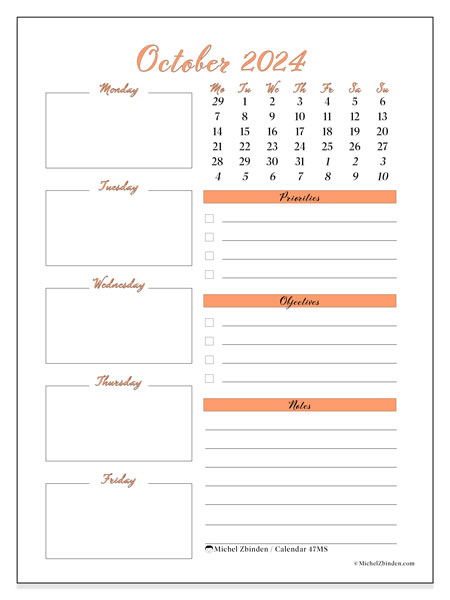 Calendar October 2024, 47SS. Free printable schedule.