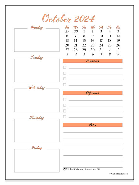 Calendar October 2024, 47SS. Free printable schedule.