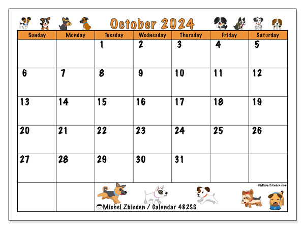 Printable calendar, October 2024, 482SS