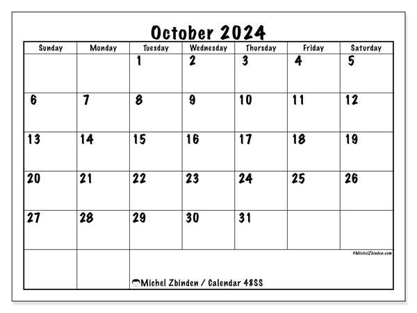Calendar October 2024 “48”. Free printable plan.. Sunday to Saturday
