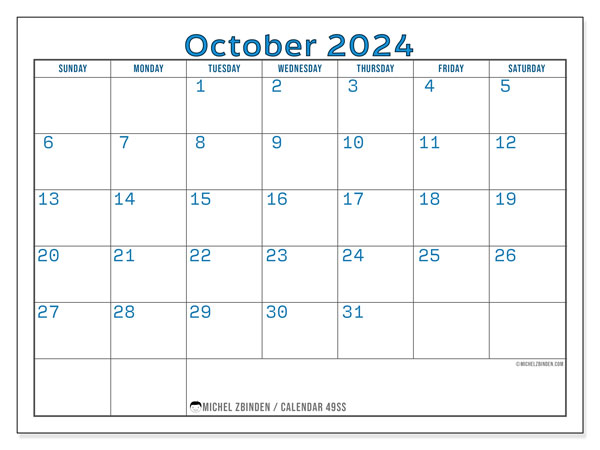 Calendar October 2024, 49SS. Free printable plan.