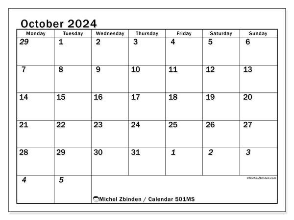 Printable calendar, October 2024, 501MS