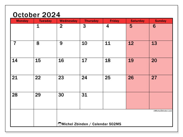 Calendar October 2024 “502”. Free printable calendar.. Monday to Sunday