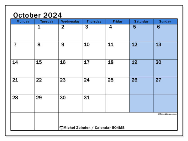 Calendar October 2024, 504SS. Free printable calendar.