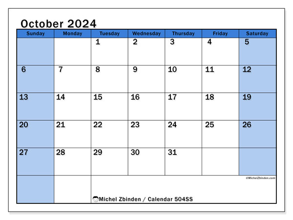 Printable calendar, October 2024, 504SS