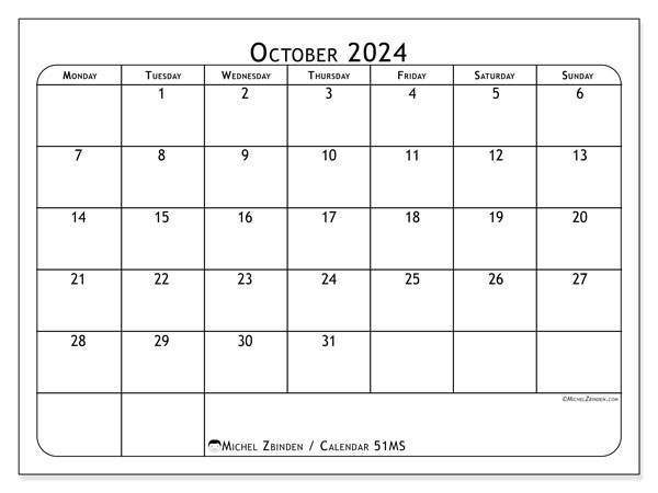 Calendar October 2024, 51SS. Free printable plan.
