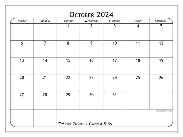 Calendar October 2024 “51”. Free printable calendar.. Sunday to Saturday