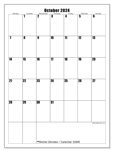 Calendar October 2024, 52SS. Free printable calendar.