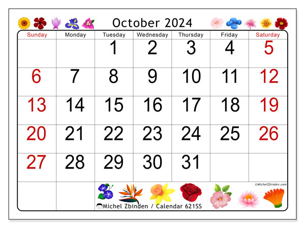 Calendar October 2024, 621SS. Free printable plan.