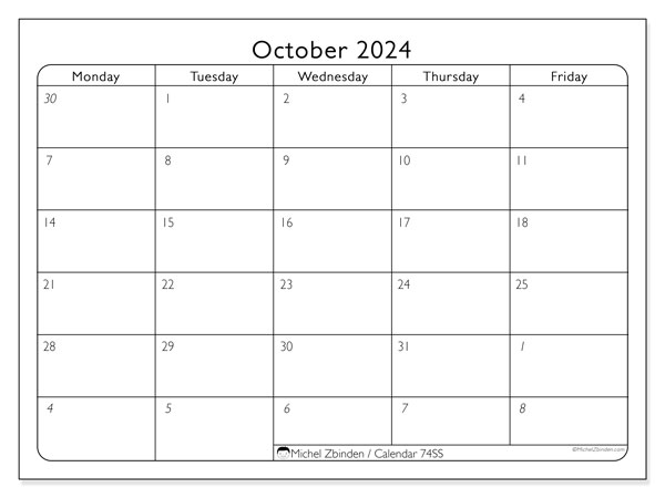 Calendar October 2024, 74SS. Free printable schedule.