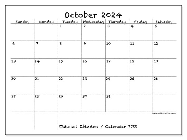 Calendar October 2024, 77SS. Free printable plan.