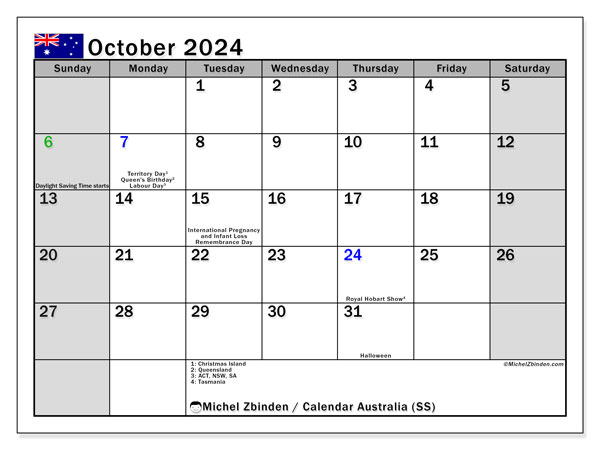 Australia (MS), calendar October 2024, to print, free of charge.