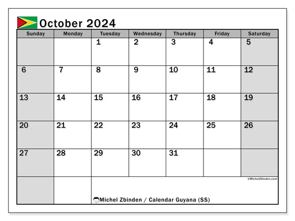 Printable calendar, October 2024, Guyana (SS)