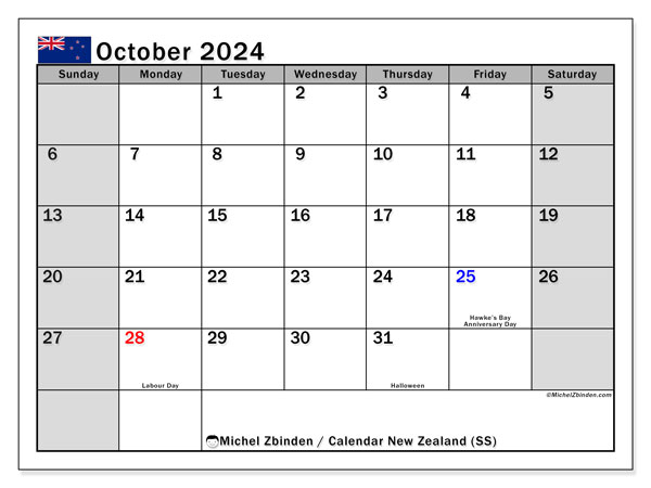 New Zealand (MS), calendar October 2024, to print, free of charge.