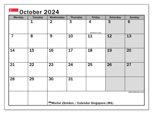 Singapore (MS), calendar October 2024, to print, free of charge.