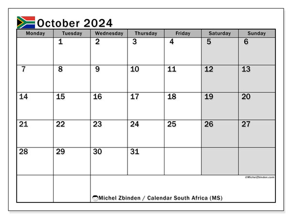 South Africa (MS), calendar October 2024, to print, free of charge.