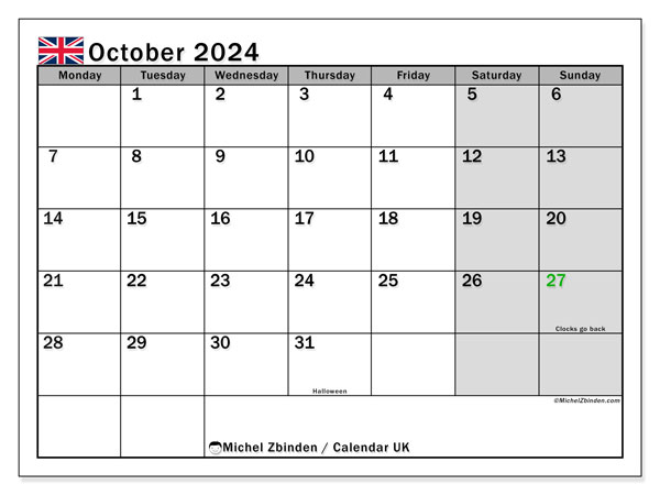 Printable calendar, October 2024, United Kingdom