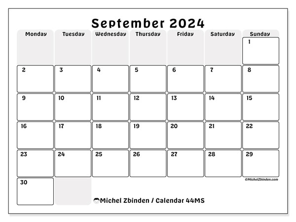 Calendar September 2024, 44MS. Free printable plan.