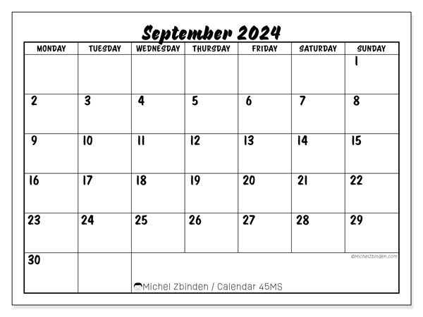 Calendar September 2024, 45SS. Free printable plan.