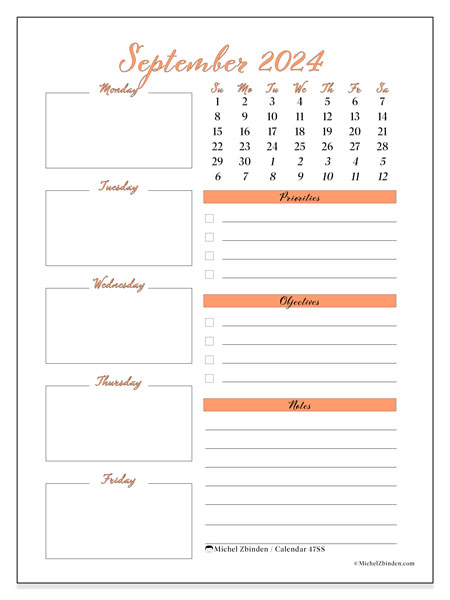 Calendar September 2024 “47”. Free printable plan.. Sunday to Saturday