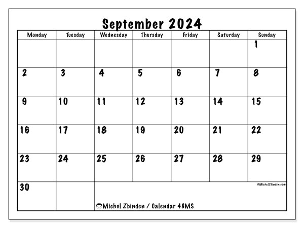 Calendar September 2024, 48MS. Free printable plan.