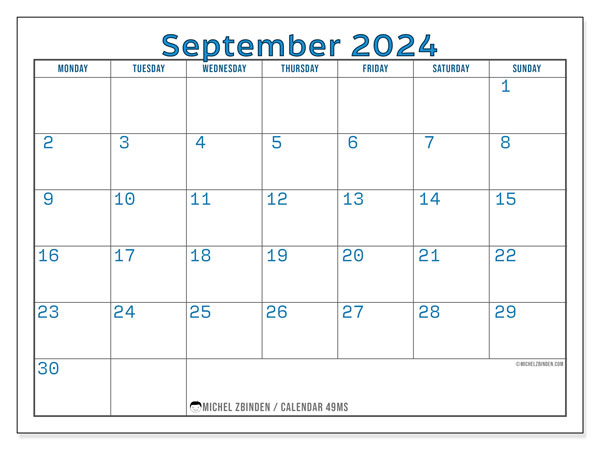 Printable calendar, September 2024, 49MS