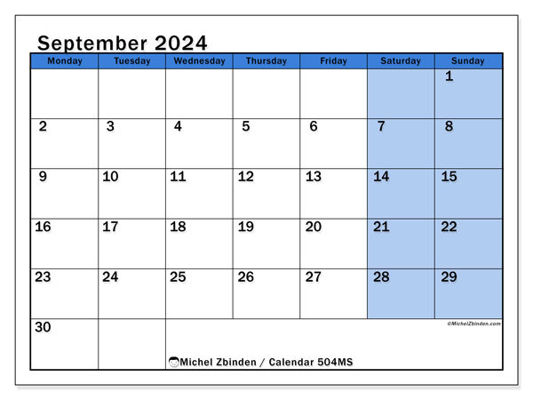 Calendar September 2024 “504”. Free printable plan.. Monday to Sunday
