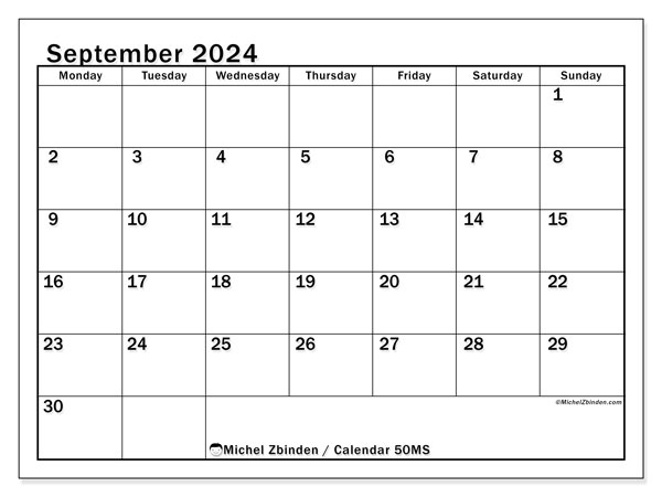 Calendar September 2024, 50SS. Free printable plan.