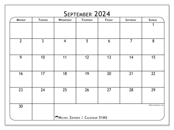 Printable calendar, September 2024, 51MS